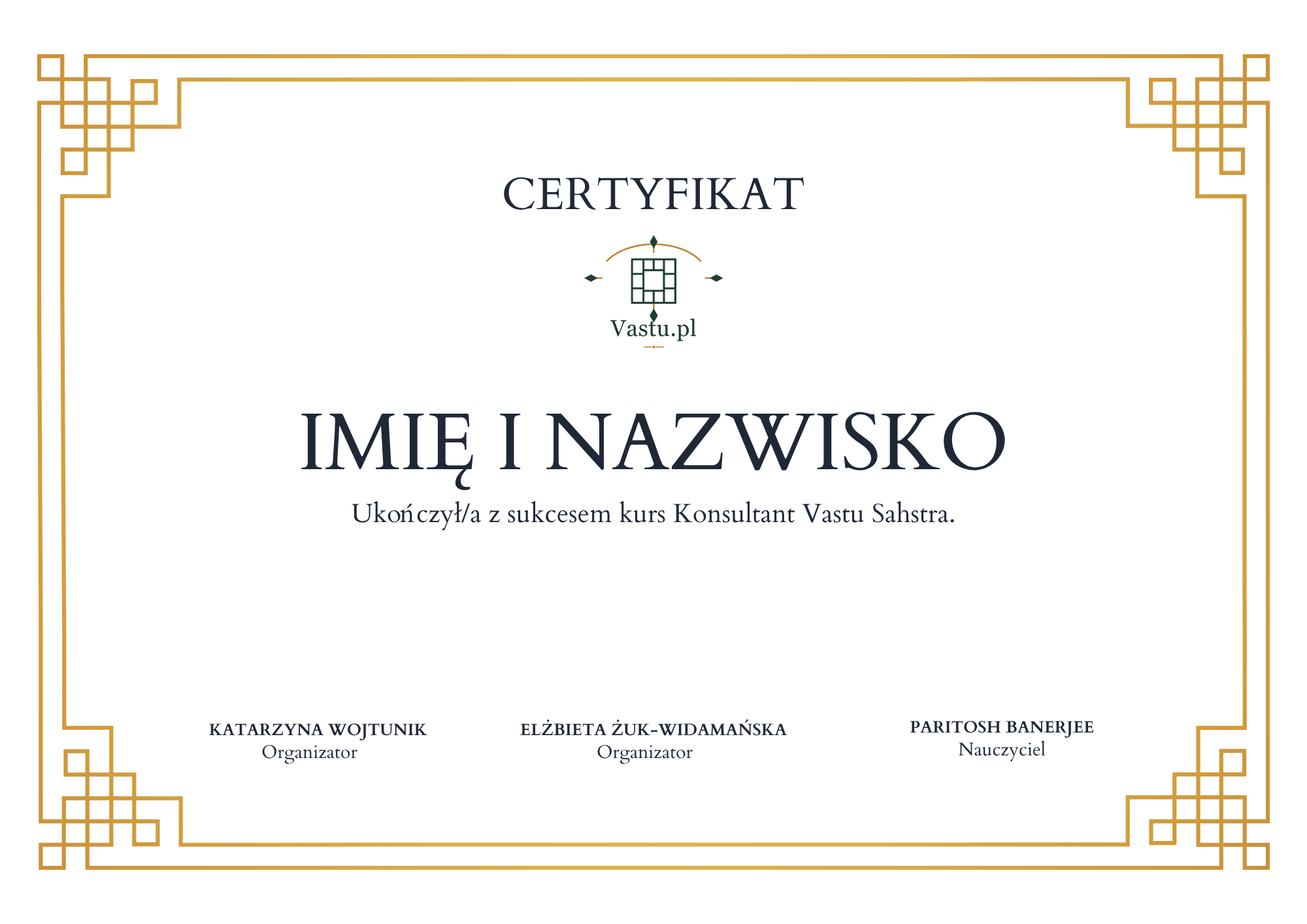 Wzór certyfikatu ukończenia kursu Konsultant Vastu Shastra